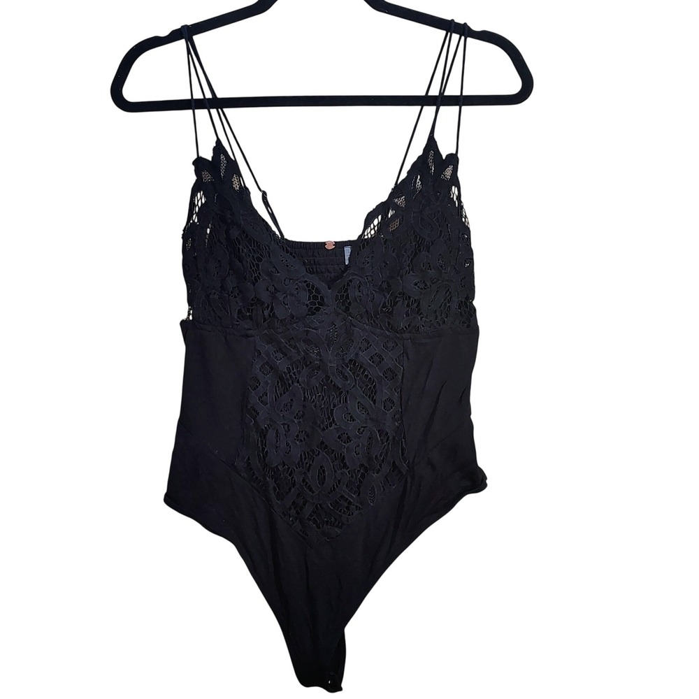 Free People Black Crochet Bodysuit Women LG Strappy Whimsigoth Boho Chic Layers